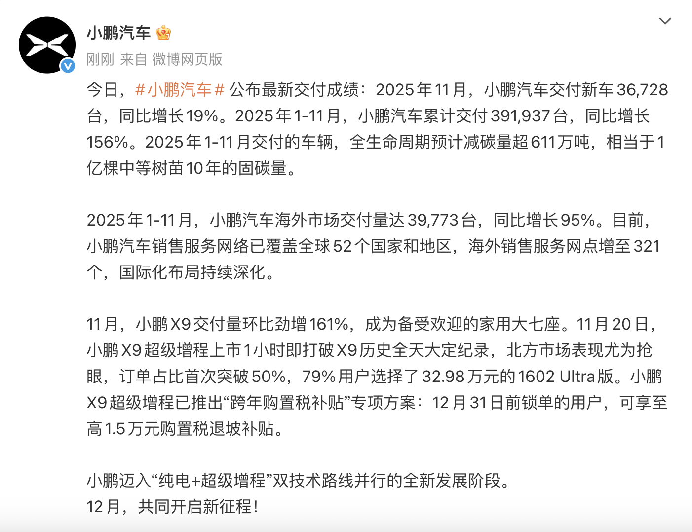小鹏汽车11月交付36,728辆汽车，同比增长19%